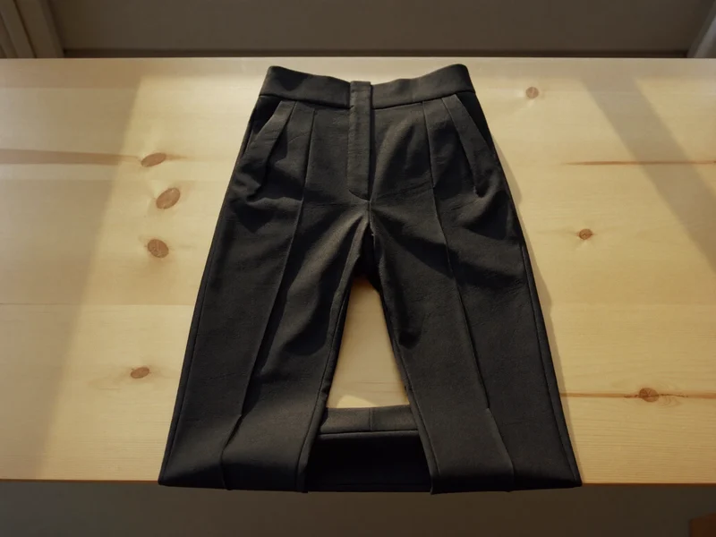 Pantaloni neri sartoriali a vita alta stesi su un tavolo in legno chiaro